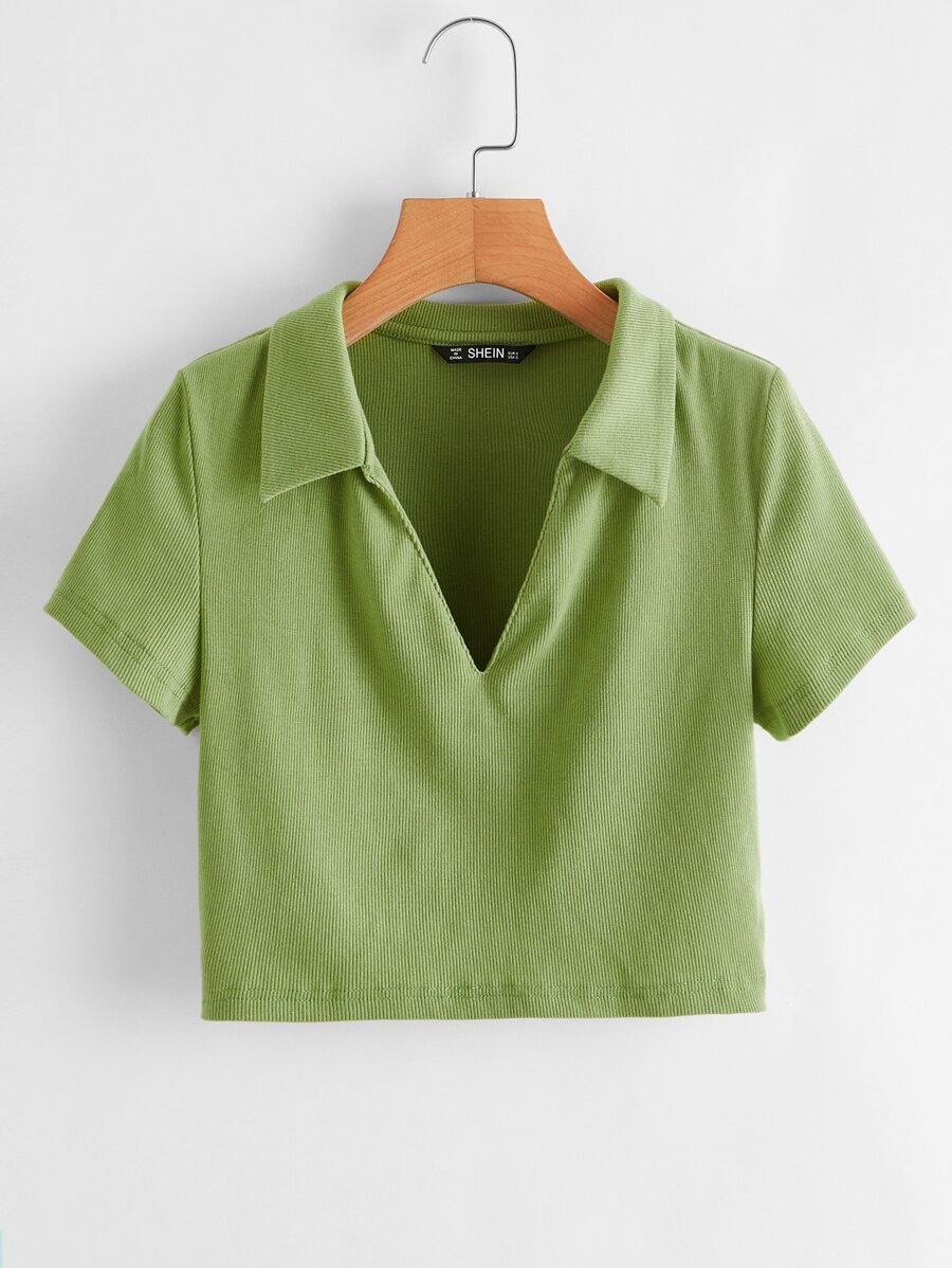 SHEIN Qutie Collared V-neck Rib-knit Tee - Lime Green - View 1
