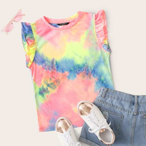 

Plus Ruffle Armhole Tie Dye Top, Multicolor