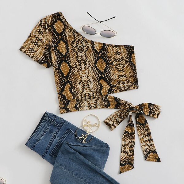 

One Shoulder Knot Detail Snakeskin Print Top, Multicolor
