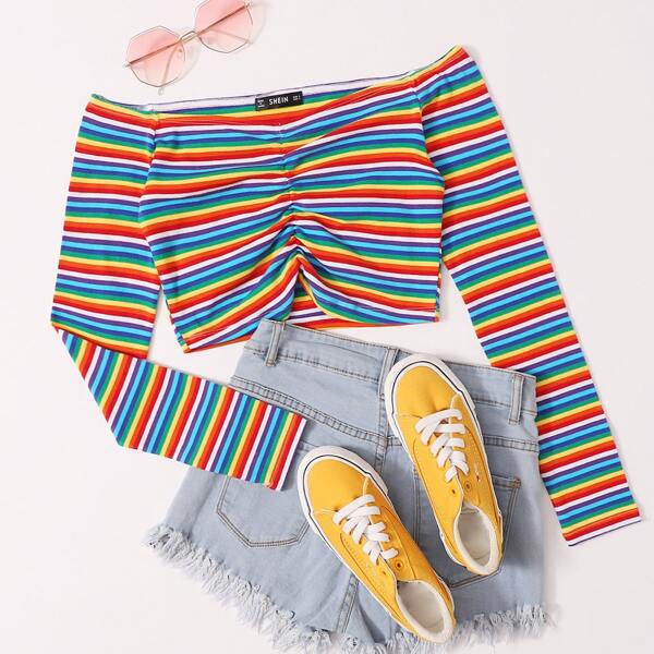 

Off Shoulder Ruched Front Rainbow Striped Top, Multicolor