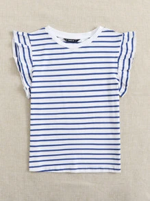 Soleia Ruffle Armhole Striped Top - Blue and White - View 3
