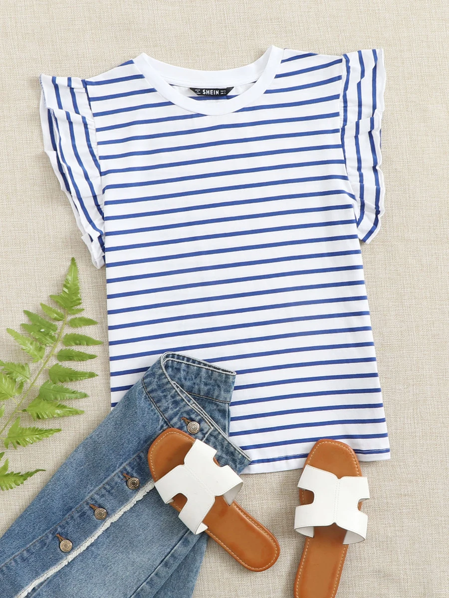 Soleia Ruffle Armhole Striped Top - Blue and White - View 1