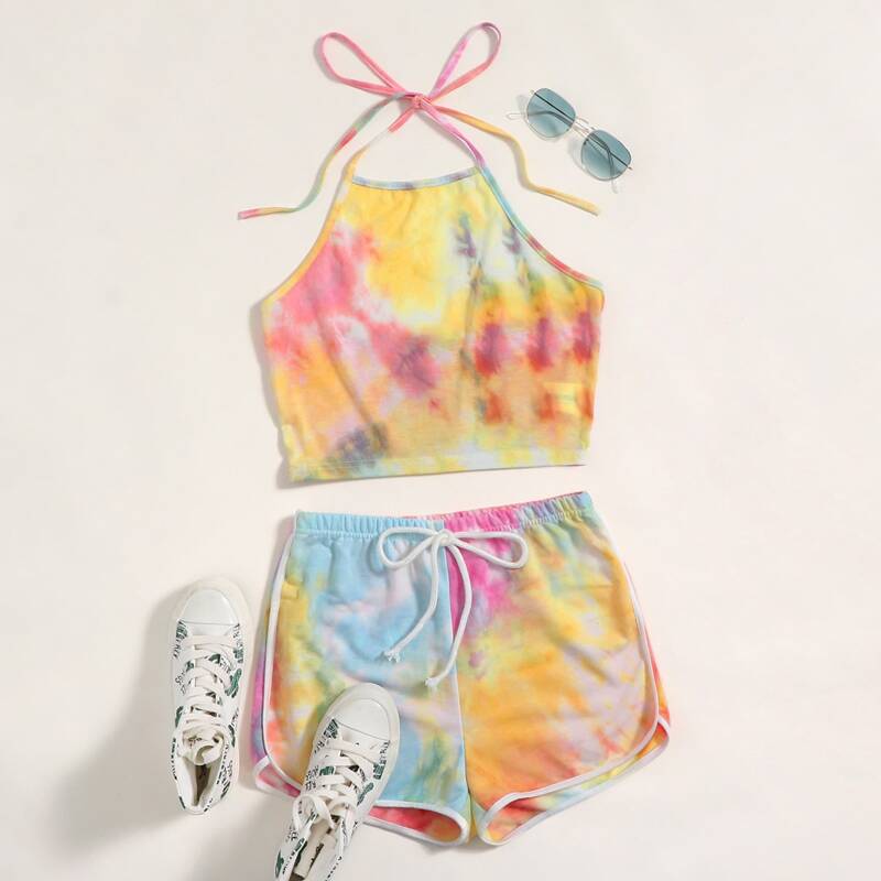 

Tie Dye Halterneck Top and Dolphin Shorts Set, Multicolor