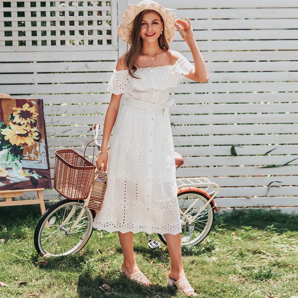 

Off Shoulder Button Front Belted Schiffy Dress, White