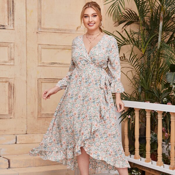 

Plus Floral Ruffle Hem Tie Side Wrap Dress, Multicolor