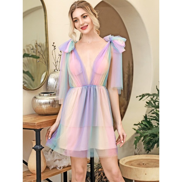 

HouseOfChic Backless Knotted Straps Ombre Mesh Overlay Dress, Multicolor