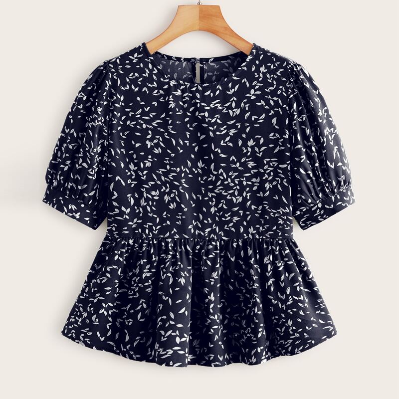 

Allover Leaves Print Peplum Blouse, Navy blue