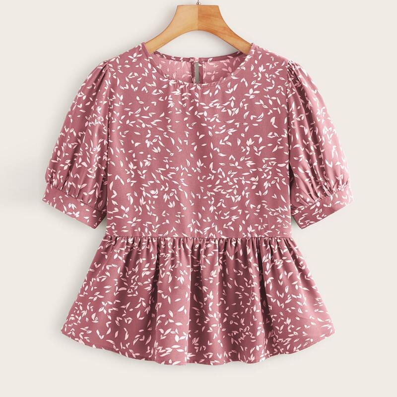 

Allover Leaves Print Peplum Blouse, Dusty pink