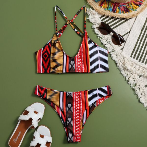 

Tribal Tie Back Bikini Swimsuit, Multicolor