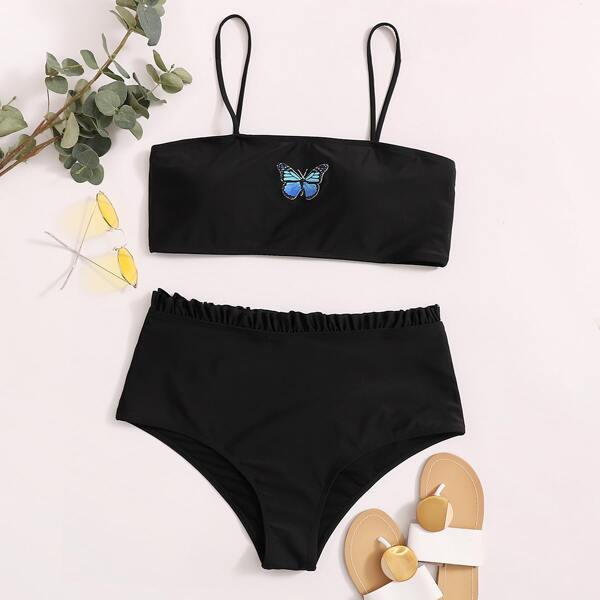 

Plus Butterfly Print Frill Trim Bikini Swimsuit, Black