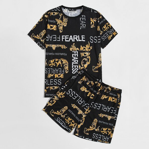

Men Letter and Baroque Print Top & Shorts Set, Black