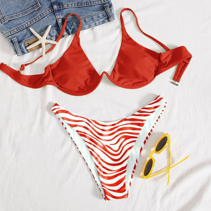 

Zebra Stripe Underwire High Cut Bikini Swimsuit, Red