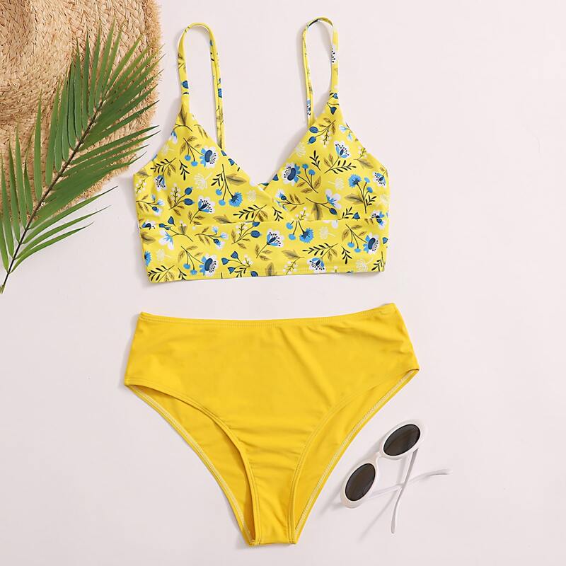 

Floral High Waisted Bikini Swimsuit, Yellow bright