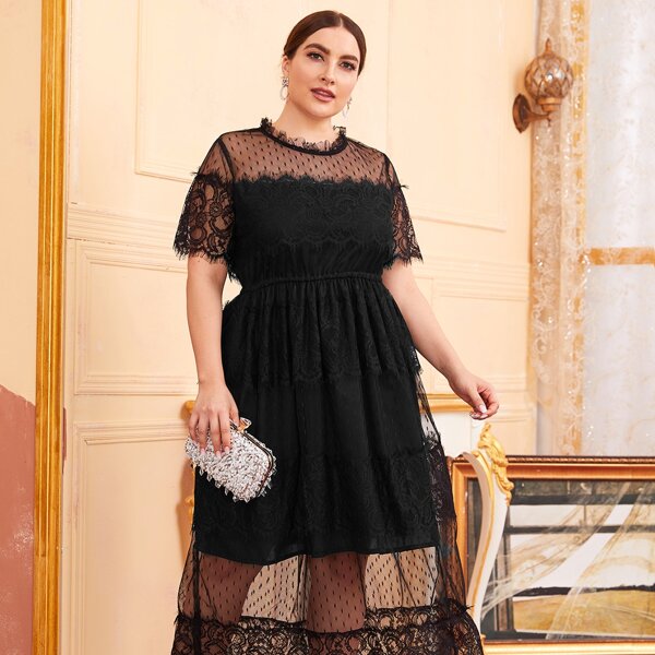 

Plus Sheer Yoke Lace Overlay Dress, Black
