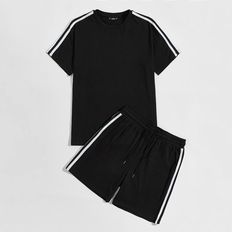

Guys Striped Tape Side Top & Track Shorts Set, Black