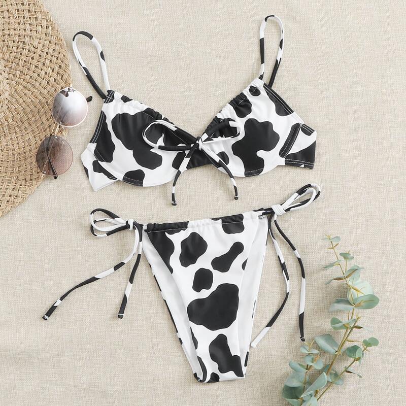 

Cow Print Underwire Tie Side Bikini Swimsuit, Black and white