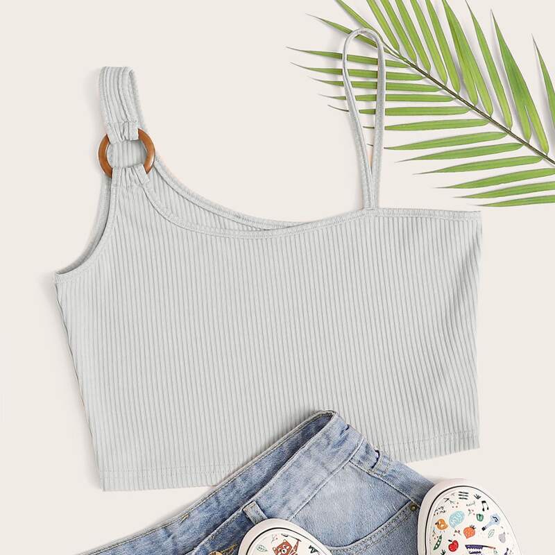 

Asymmetrical Neck O-ring Rib-knit Top, Light grey