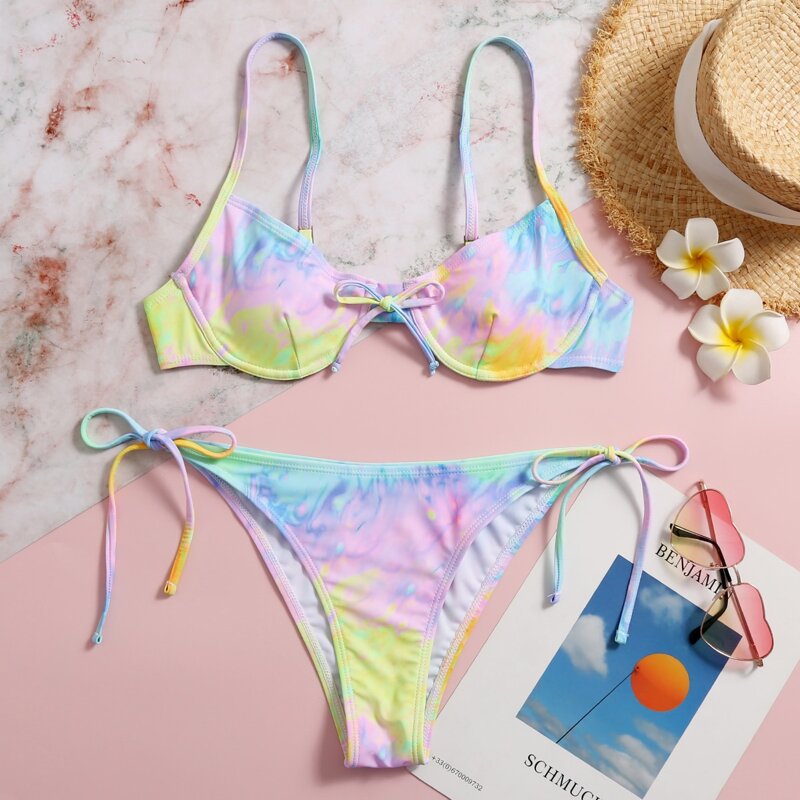 

Tie Dye Underwire Tie Side Bikini Swimsuit, Multicolor