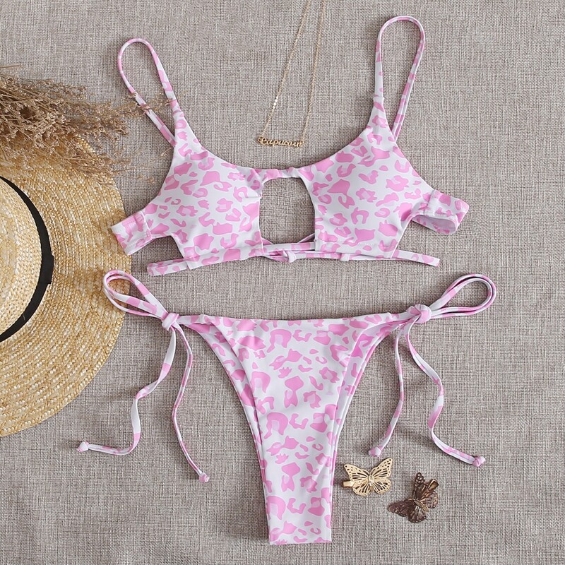 

Leopard Cut-out Tie Side Bikini Swimsuit, Pastel baby pink