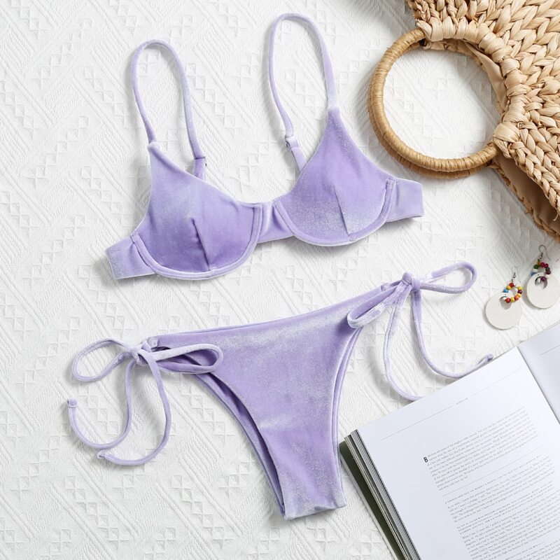 

Velvet Underwire Tie Side Bikini Swimsuit, Pastel lilac purple
