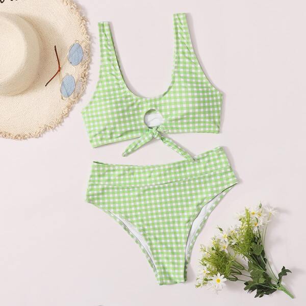 

Gingham Knot Front Bikini Swimsuit, Lime green