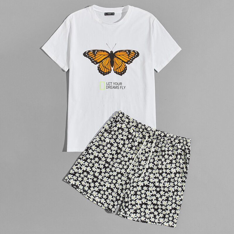 

Guys Slogan and Butterfly Print Top & Floral Shorts Set, Black and white