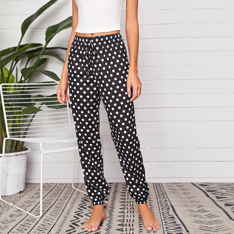 

Tie Front Polka Dot Sleep Pants, Black