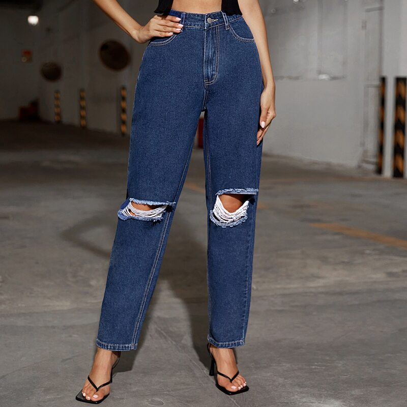 

Dark Wash Ripped Straight Leg Jeans