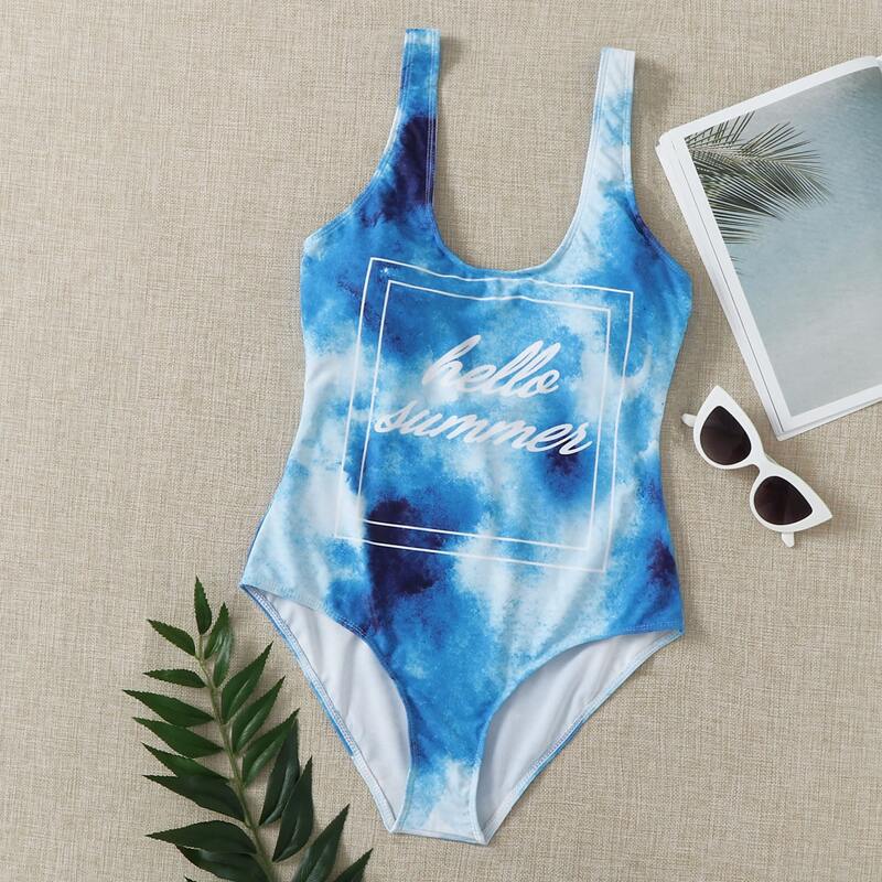 

Tie Dye Letter Graphic One Piece Swimsuit, Blue