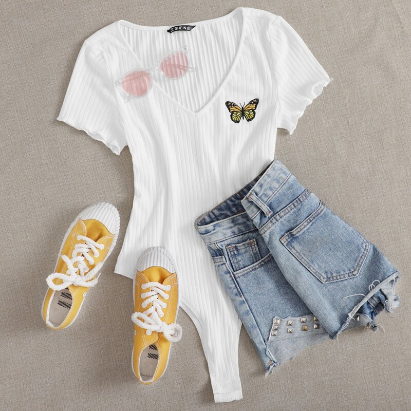 

Butterfly Embroidery Lettuce Trim Rib-knit Bodysuit, White