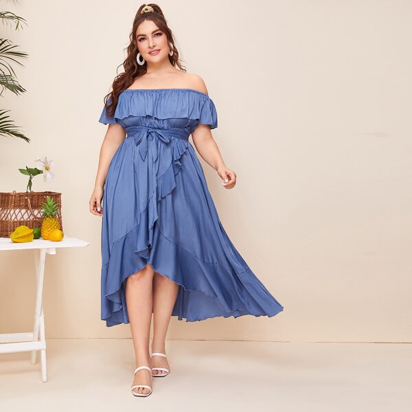 

Plus Tulip Hem Belted Bardot Denim Dress, Medium wash