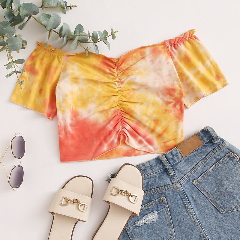 

Tie Dye Ruched Crop Top, Multicolor
