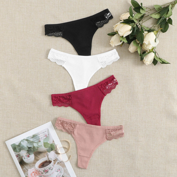 

4pack Rib Lace Trim Panty Set, Multicolor