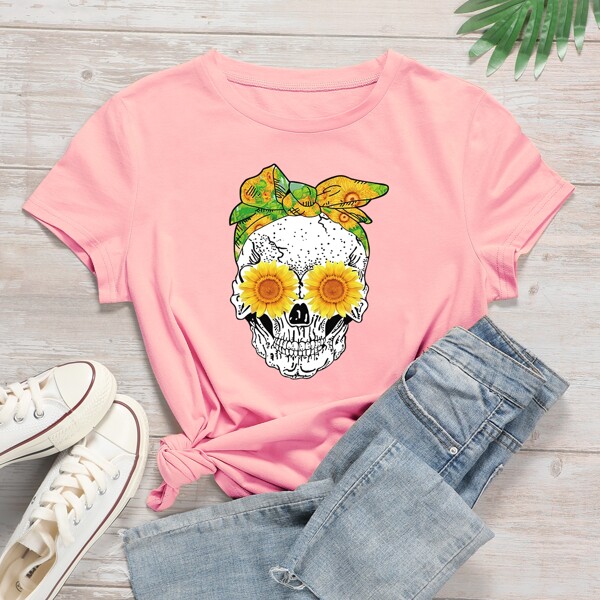 

Plus Skull & Floral Print Tee, Baby pink