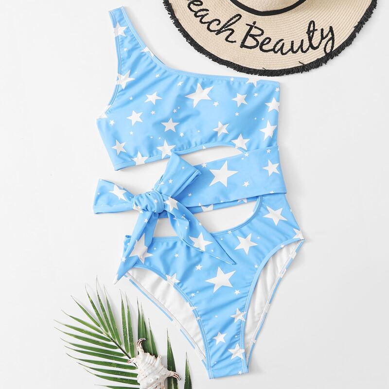 

Star Print One Shoulder One Piece Swimsuit, Pastel baby blue