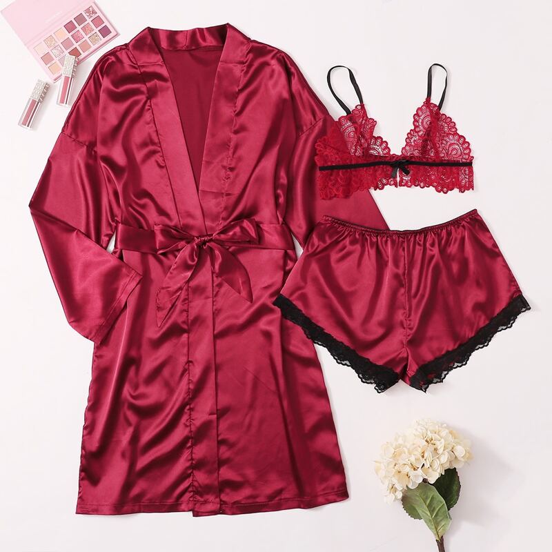 

Floral Lace Satin Lingerie Set With Robe, Red