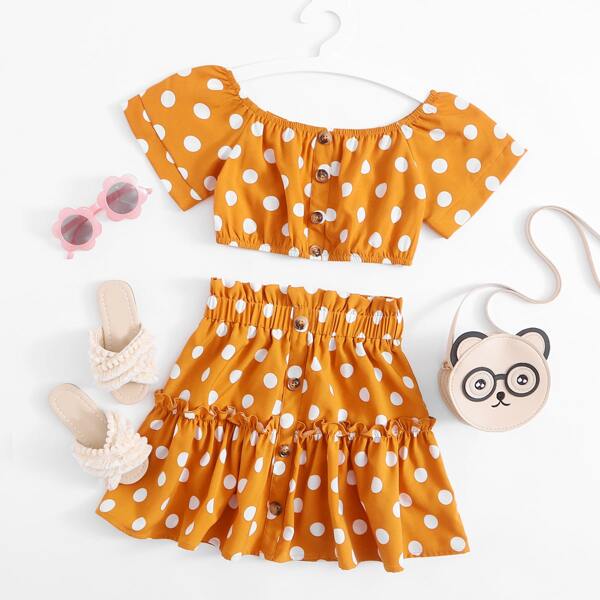 

Girls Polka Dot Top & Ruffled Skirt Set, Mustard yellow