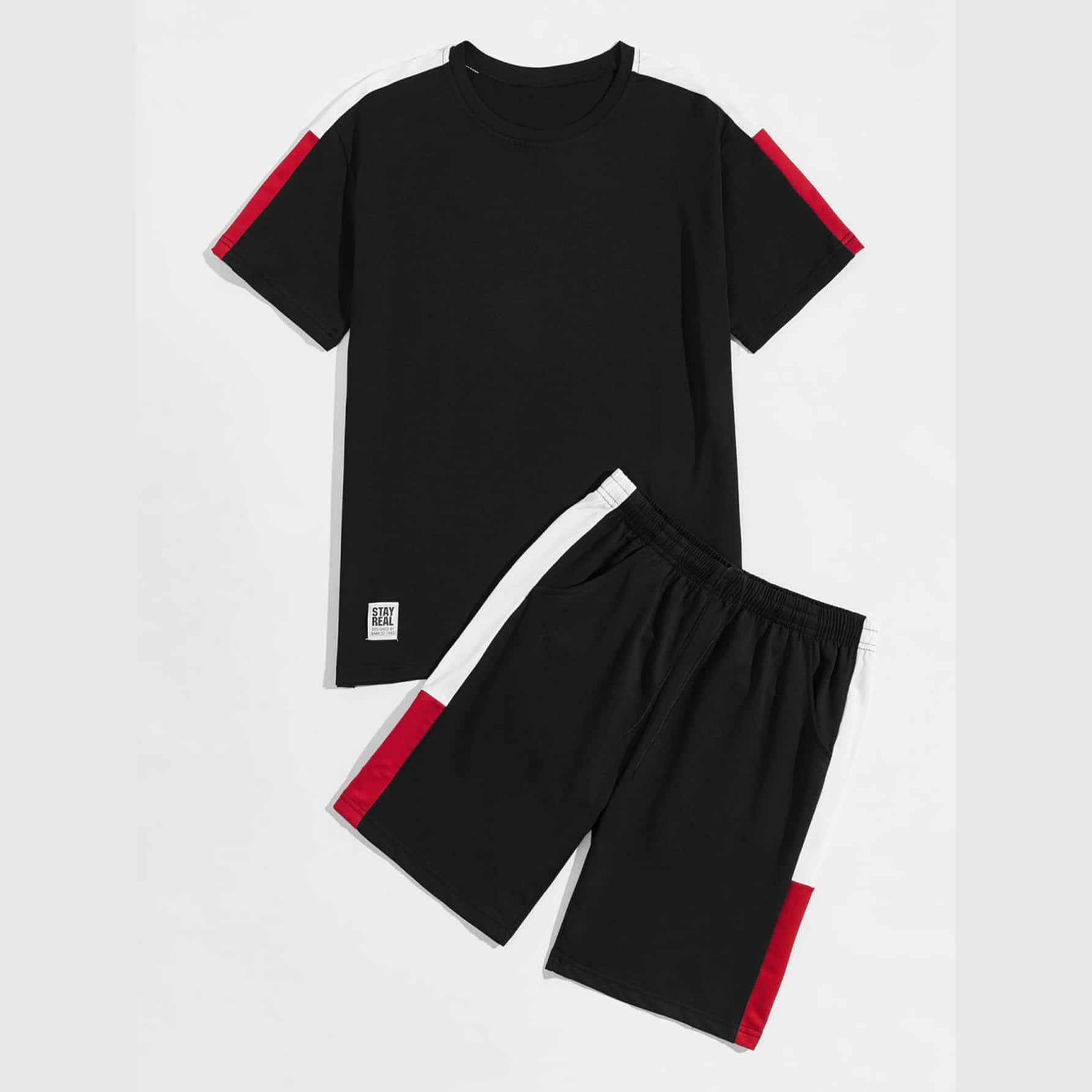 

Guys Letter Graphic Color Block Tee With Track Shorts, Black
