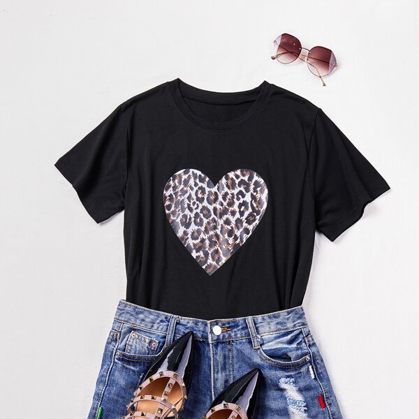 

Plus Leopard Heart Print Tee, Black