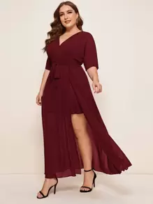 SHEIN Belle Plus Batwing Sleeve Self Belted Wrap Bridesmaid Dress - Burgundy - View 1