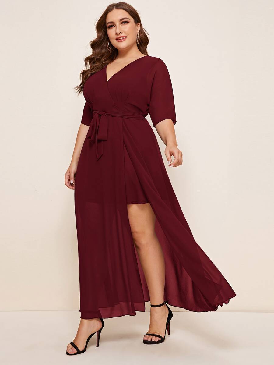 SHEIN Belle Plus Batwing Sleeve Self Belted Wrap Bridesmaid Dress - Burgundy - View 1