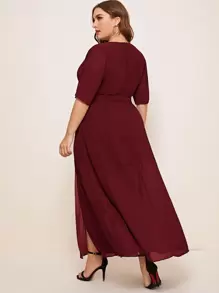 SHEIN Belle Plus Batwing Sleeve Self Belted Wrap Bridesmaid Dress - Burgundy - View 2