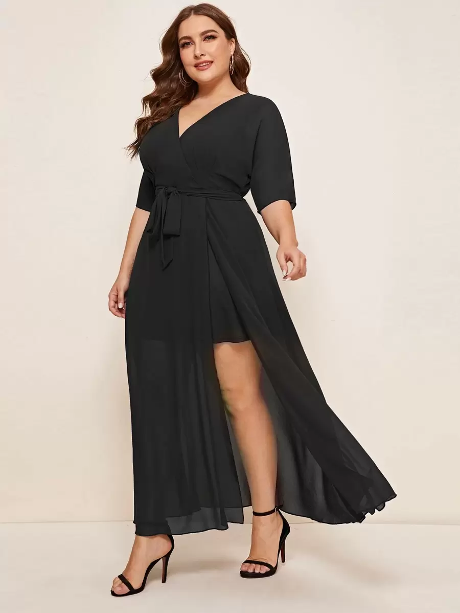 SHEIN Belle Plus Zip Back Wrap Belted Bridesmaid Dress