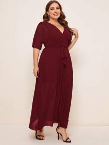SHEIN Belle Plus Batwing Sleeve Self Belted Wrap Bridesmaid Dress - Burgundy - View 3