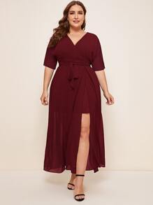 SHEIN Belle Plus Batwing Sleeve Self Belted Wrap Bridesmaid Dress - Burgundy - View 4