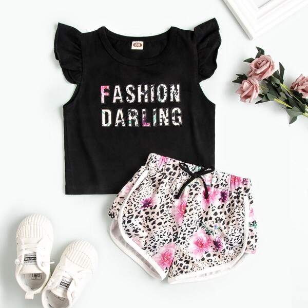 

Baby Girl Slogan Graphic Tee With Floral Print Track Shorts, Multicolor