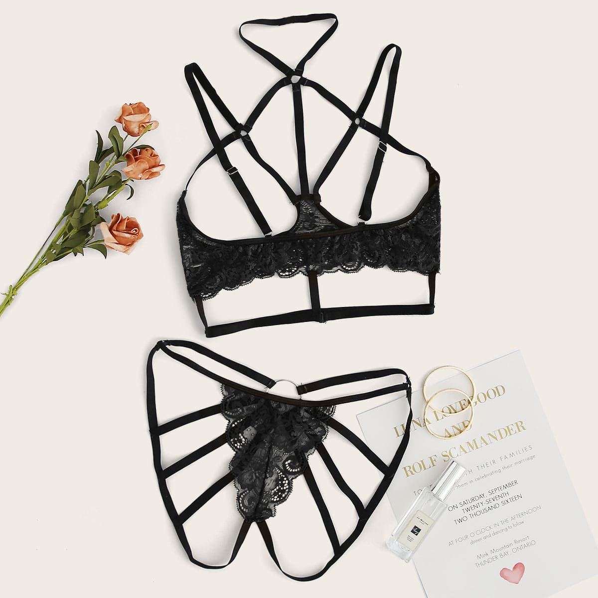 

Floral Lace Cut-out Lingerie Set & Choker, Black