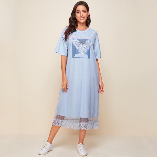 

Lace Trim Letter and Figure Graphic Dress, Baby blue