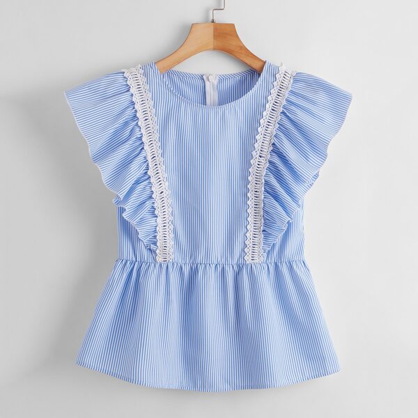 

Plus Pinstriped Guipure Lace Peplum Top, Blue