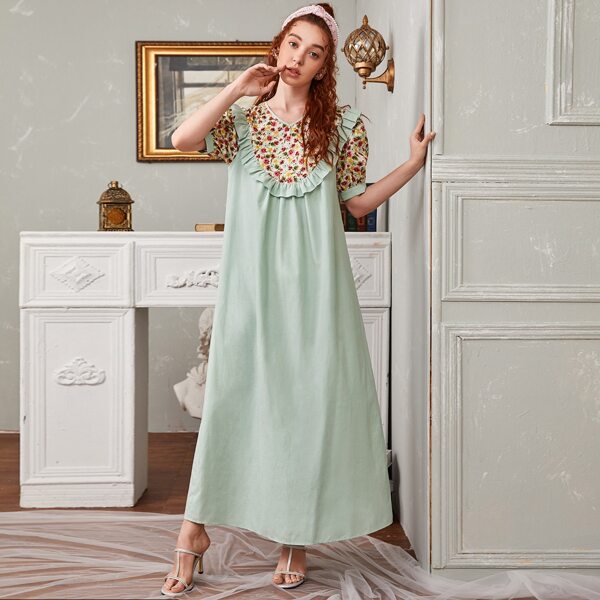 

Puff Sleeve Floral Print Yoke Ruffle Trim Dress, Mint green